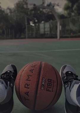 Basketball on Court with Shoes