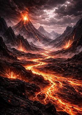 Epic Volcanic Landscape with Lava River
