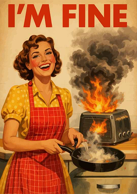 Retro Woman 'I'm Fine' with Burning Toaster