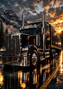 Black Semi-Truck on Wet Road at Sunset