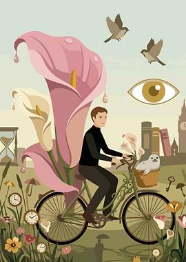 Man riding a bicycle with flowers and a seal