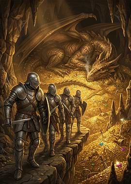 Knights Confront Dragon in Treasure Hoard