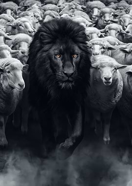 Black Lion Leading Sheep