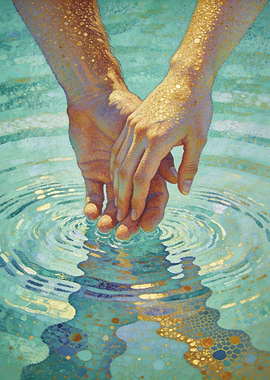 Hands touching water with ripples