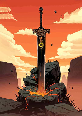 Epic Sword in Fiery Landscape