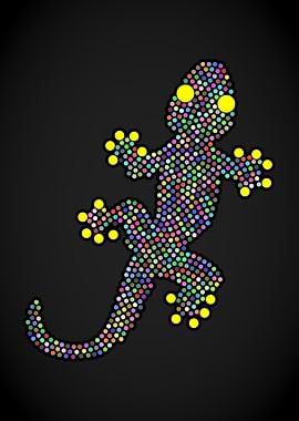 Colorful Gecko Dot Art - Rainbow Lizard Pointillism Design with Yellow Toes
