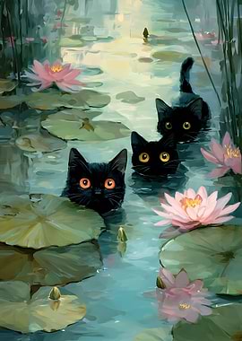 Three Black Kittens in a Pond