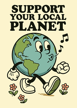 Vintage Earth Cartoon Poster, Whimsical Planet Wall Art, Retro Cute World Illustration