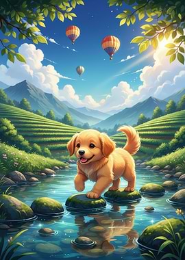Golden Retriever Puppy Crossing a Stream
