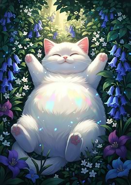 Cute White Cat Relaxing in Flowers