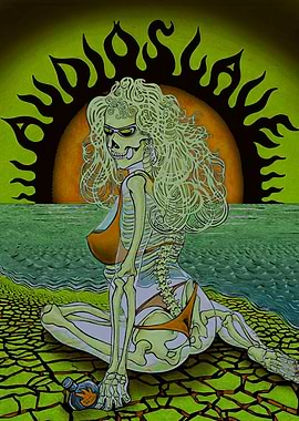 Skeleton Woman on Beach with Bottle