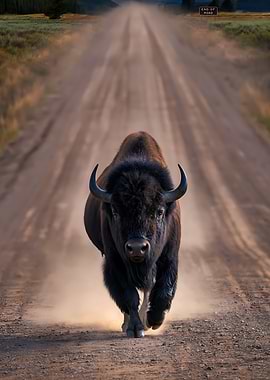 Bison running on a dirt road