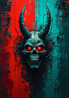 Cyberpunk Demon Skull with Red and Teal Background