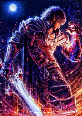 Warrior with glowing sword and armor