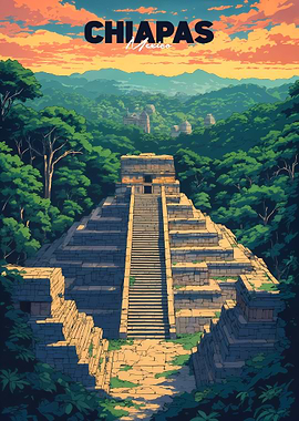 Palenque Mayan Ruins Chiapas Mexico Retro Anime Landscape Vintage Travel Poster