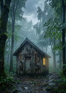 Rustic Cabin in a Rainy Forest