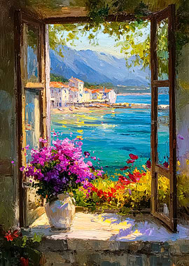 Window View of Mediterranean Coastal Town