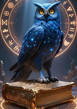 Mystical Blue Owl on Ancient Book