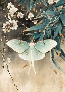 Luna Moth with Cherry Blossoms and Bamboo