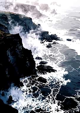 Crashing Waves on Rocky Coastline