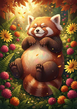 Cute Red Panda in a Flower Field