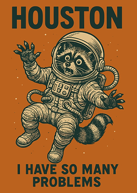 Houston I Have So Many Problems Poster, Funny Raccoon Astronaut Space Art Print