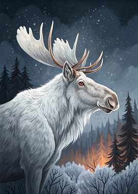White Moose in Snowy Forest
