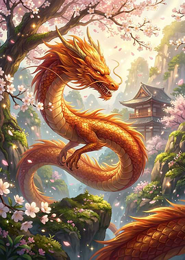 Golden Dragon Amidst Cherry Blossoms