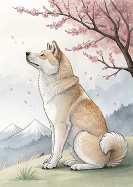 Akita Dog Under Cherry Blossoms