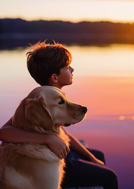 Boy and dog watching sunset