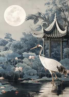 Crane and Pagoda by Moonlight