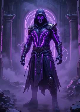 Mysterious hooded figure with purple energy