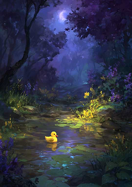 Rubber Duck in a Moonlit Forest Pond