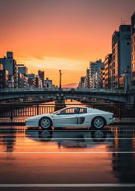 White Ferrari Testarossa on Wet City Street