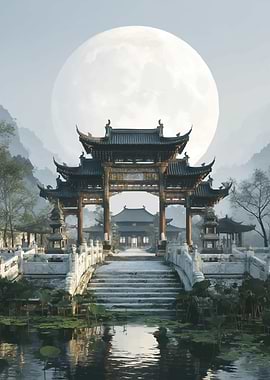 Serene Asian Temple Gate at Night
