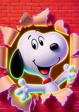 Snoopy breaking through a brick wall