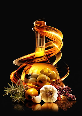 Olive oil bottle with herbs and garlic