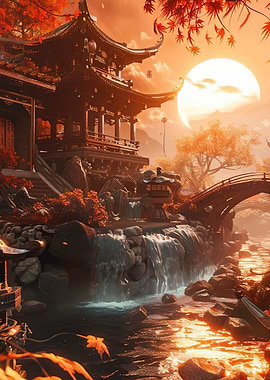 Serene Japanese Temple by Waterfall