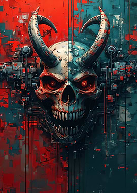 Cyberpunk Demon Skull with Horns