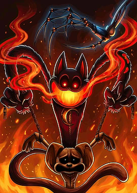 Demonic Cat and Sad Dog in Fire