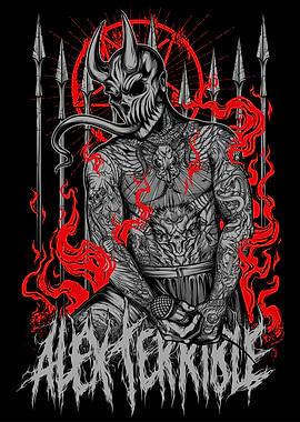 Demonic Figure with Tattoos and Microphone