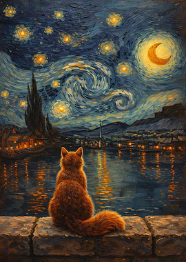 Cat Gazing at Starry Night Cityscape