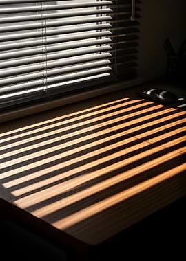 Sunlight through blinds on a desk
