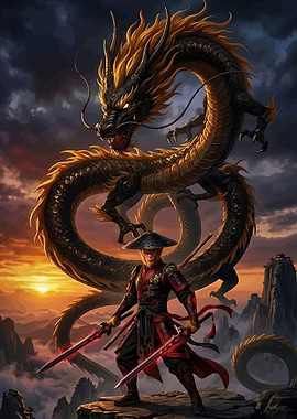 Warrior and Dragon at Sunset