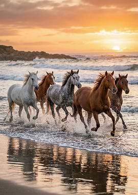 Horses Running on a Beach at Sunset