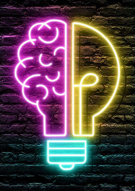 Neon Brain Lightbulb Think Tank Brainstorming Symbol