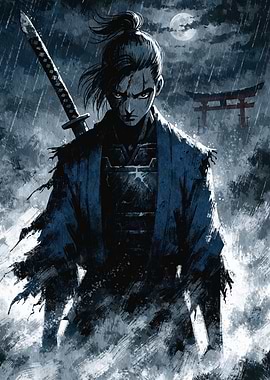 Samurai Warrior in the Rain