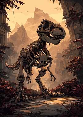 Dinosaur Skeleton in Ancient Ruins
