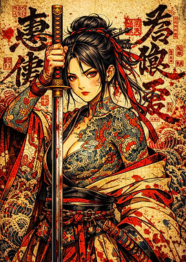 Tattooed Samurai Woman with Katana