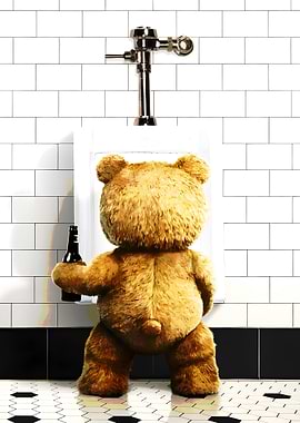 Teddy Bear at Urinal with Beer